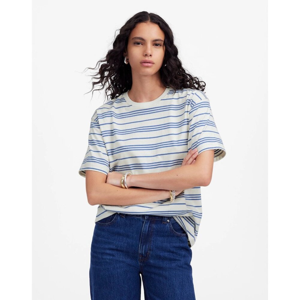 Madewell Cotton Relaxed Oversized Tee Women's Medium Lighthouse & Blue Stripe - Picture 8 of 16